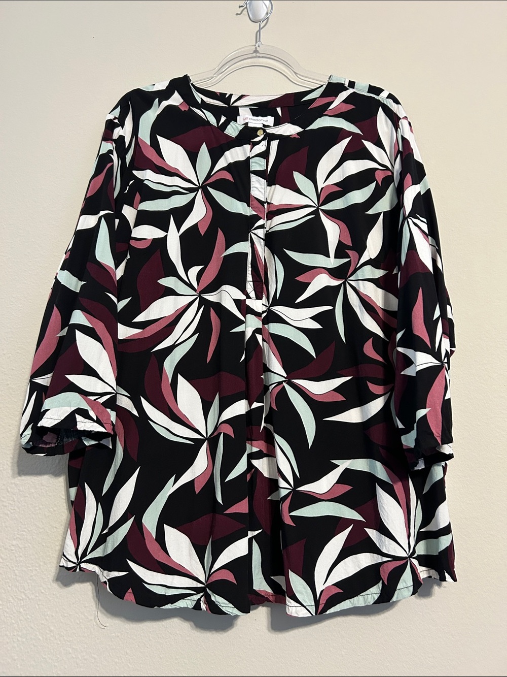 Liz Claiborne Tropical Leaf Print Blouse 3X Lightweight 3/4 Sleeve